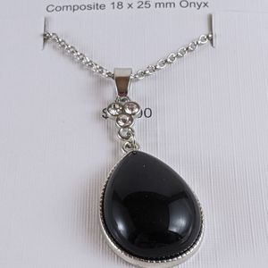 Toni Onyx Pendant Silver Tone Necklace 16" Long